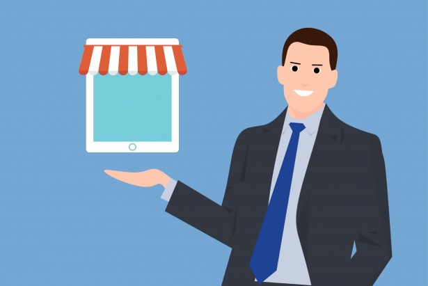 cartoon image of business man holding a tablet shopping for bac water